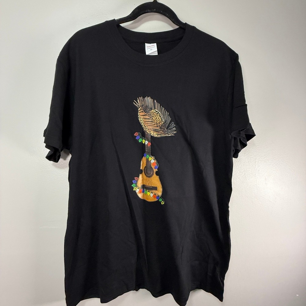 XL Black Cotton Graphic Tee Sombrero Guitar Christmas Lights Short Sleeve Unisex